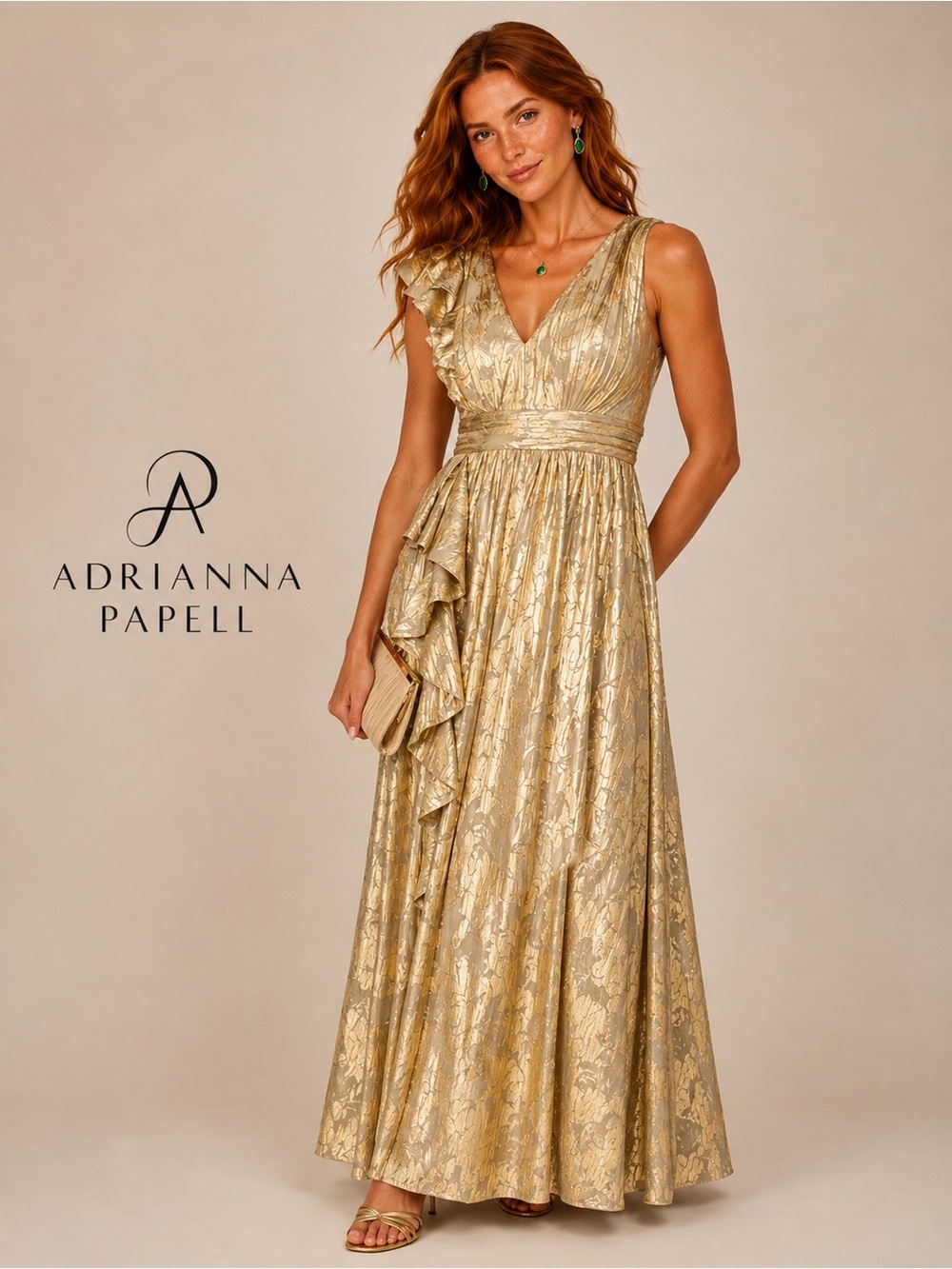 ADRIANNA PAPELL Sleeveless Metallic Crinkle Ruffle Gown In Champagne Gold NEW 10